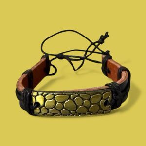 Black & Brown Leather Bracelet - Mosaic Gold Tone Metal Plate